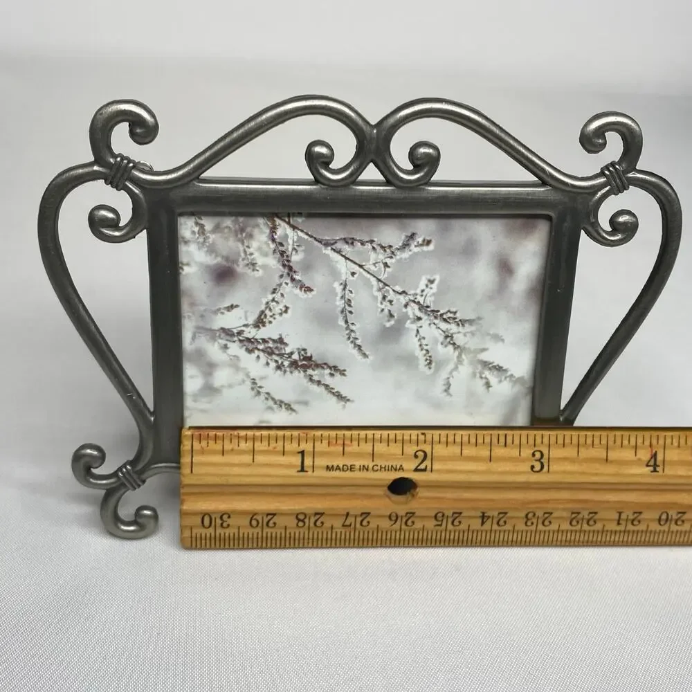 Vintage Pewter Mini Picture Frame Scrollwork Swivel Closures 2x3 Victorian Goth